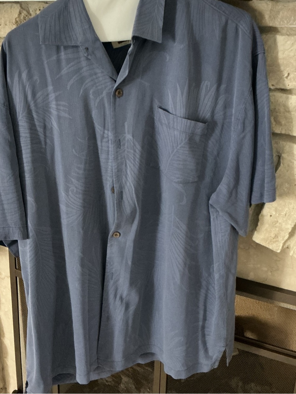Tommy Bahama Blue Short-Sleeve Silk Camp Shirt with Tonal Palm Print